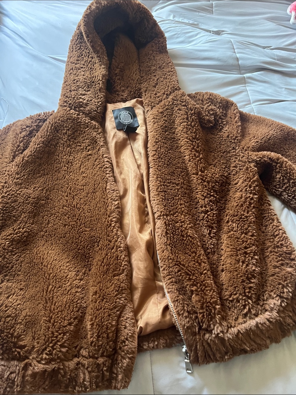 Urban Outfitters Brown Sherpa Hooded Puffer Jacket